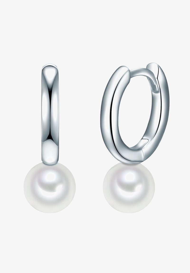 Sidabro auskarai su blizgiu paviršiumi, kiekviename auskare esantis didelis apvalus perlų pakabukas. Lygi, poliruota tekstūra.