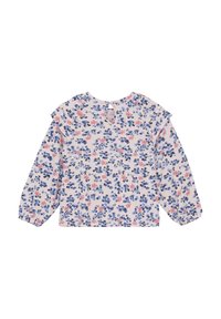 Långärmad blus i lätt tyg med ett blommönster i blått och rosa. Volangdetaljer vid axlarna och en nyckelhålsöppning vid nacken.