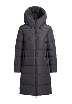 Doudoune gris foncé avec col montant et fermeture éclair, présentant un design matelassé et des poches latérales. Tissu lisse et résistant aux intempéries.