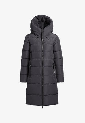 Giacca imbottita color grigio scuro con collo alto e chiusura con zip, caratterizzata da un design trapuntato e tasche laterali. Tessuto liscio e resistente alle intemperie.