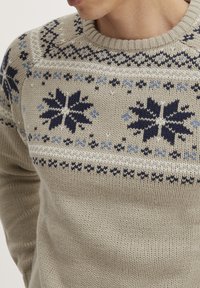 Pull en tricot beige avec des motifs de flocons de neige et géométriques bleu marine et bleu clair complexes. Col rond, tissu texturé.