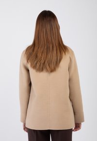 Cappotto di lana beige con taglio dritto, maniche lunghe e dettaglio della cucitura sul retro. Tessuto liscio, design minimalista, adatto a diversi stili.