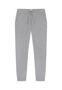 Grey sweatpants made of soft fabric. Features an elastic waistband with a drawstring and side pockets. Tapered leg design.