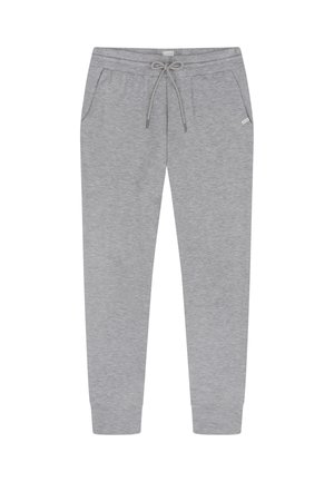 Pantaloni della tuta grigi realizzati in tessuto morbido. Presentano una vita elasticizzata con coulisse e tasche laterali. Design con gamba affusolata.