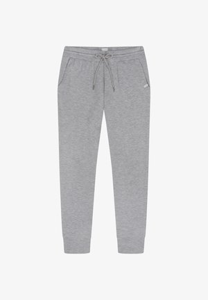 Grey sweatpants made of soft fabric. Features an elastic waistband with a drawstring and side pockets. Tapered leg design.