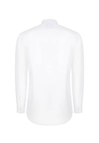 Biała koszula z długim rękawem i kołnierzykiem, gładka w dotyku, dopasowany krój z guzikami na rękach, pokazana z tyłu.