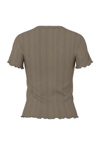 Khaki lyhythihainen paita, jossa on ribboneule, kaarrokekruska ja hienovarainen kuvio, jonka muodostavat pystysuorat viivat ja pienet timantit.