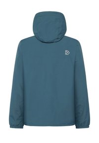 Grønblå hættetrøje med elastiske manchetter og et lille hvidt logo på ryggen. Fremstillet af let, vandafvisende materiale.