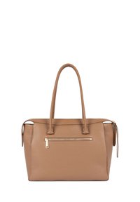 Sac à main en cuir marron avec deux poignées supérieures, une poche avant zippée, une finition texturée et des accents en métal doré.