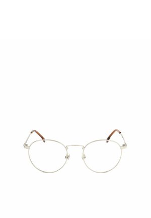 Occhiali da vista rotondi in metallo argento con montature sottili e terminali delle aste marroni su sfondo bianco.