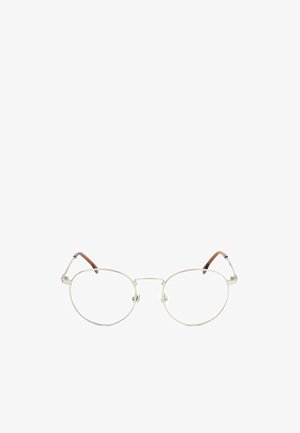 Occhiali da vista rotondi in metallo argento con montature sottili e terminali delle aste marroni su sfondo bianco.