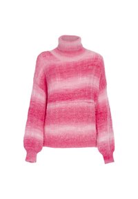 Roze en witte gestreepte coltrui gemaakt van zacht, getextureerd materiaal met lange, iets gepofte mouwen en geribbelde mouwen.