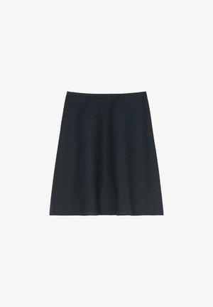 Dark navy A-line skirt with clean front seams, knee-length, made of lightweight fabric, shown against a white background.