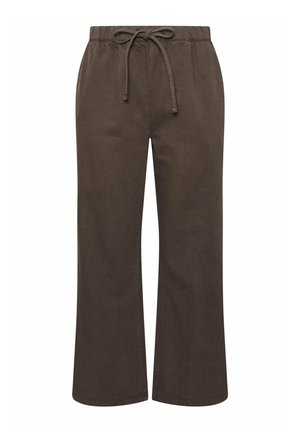Pantalones marrones de pierna ancha con cintura elástica y cordón ajustable, con un ajuste casual y relajado.