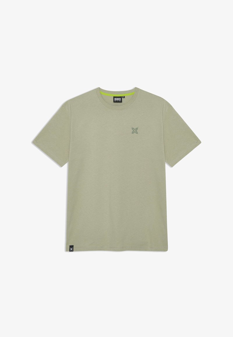 Světlé zelené bavlněné tričko s krátkými rukávy a kulatým výstřihem, s malým logem na hrudi a kontrastní vnitřní lemovkou u krku.