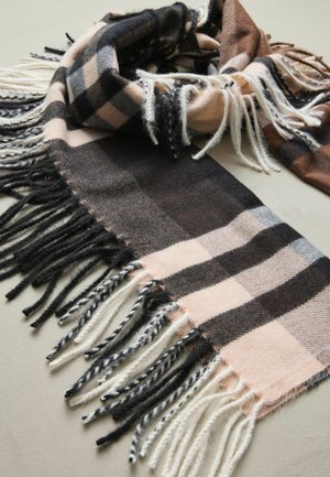 Tjekket uldhalstørklæde med sorte, brune og lyserøde mønstre, franske kanter og blød tekstur.