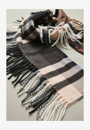 Tjekket uldhalstørklæde med sorte, brune og lyserøde mønstre, franske kanter og blød tekstur.