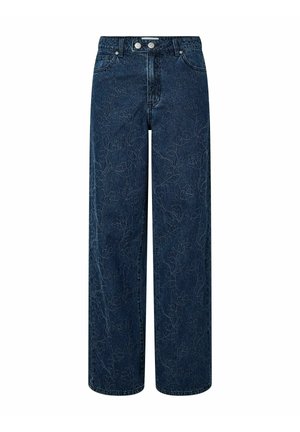 Mørkeblå jeans med vide ben, høyt liv og et subtilt blomstermønster brodert over hele stoffet.