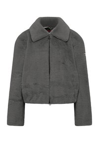 Szara kurtka z futra sztucznego z kołnierzowym dekoltem, zamkiem błyskawicznym i bocznymi kieszeniami. Posiada krótki krój i miękką teksturę.