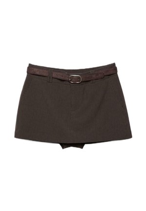 Brown pinstripe mini skirt with attached dark brown belt featuring a silver oval buckle, laid flat on a white background.