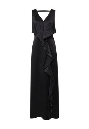 Schwarzes langes Kleid mit V-Ausschnitt, ärmellosem Design und einem herabfließenden Volant an der Vorderseite. Hergestellt aus strukturiertem Stoff mit fließender Silhouette.