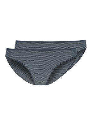 Två par marinblå bikiniunderkläder med vita horisontella ränder, tillverkade av mjukt, elastiskt material, med en sömlös midjebanddesign.