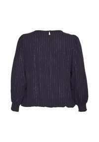 Blusa navy con rayas metálicas verticales, mangas abullonadas y cierre de ojal en la parte posterior. Hecha de una tela ligera con un acabado texturizado.