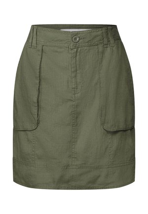 Olivegrüßer Rock mit zwei seitlichen Taschen, geradem Schnitt und Knopfverschluss. Hergestellt aus leichtem, strukturiertem Stoff.