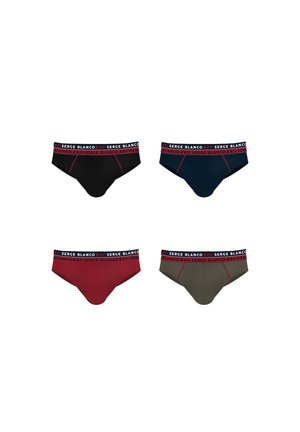 Quatre slips pour hommes en noir, bleu marine, rouge et olive, chacun avec une ceinture de marque « Serge Blanco » rouge et noire.