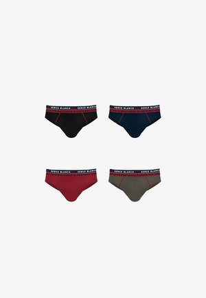 Quatre slips pour hommes en noir, bleu marine, rouge et olive, chacun avec une ceinture de marque « Serge Blanco » rouge et noire.