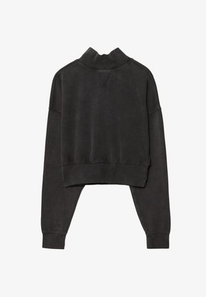 Črn skrajšan sweatshirt z visokim ovratnikom, dolgimi rokavi in rebrastim robom. Mehka tekstura, minimalni šivi in sproščen kroj.