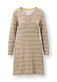 Beige long-sleeve dress with blue and red floral geometric pattern, round neckline, and three small buttons at the front.