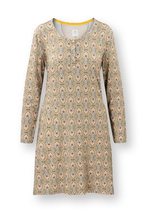 Beige long-sleeve dress with blue and red floral geometric pattern, round neckline, and three small buttons at the front.