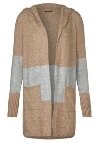 Béžový a šedý pletený svetr s kapucí, s žebrovanými manžetami, volným střihem a dvěma předními kapsami. Strukturální látka s barevnými bloky.