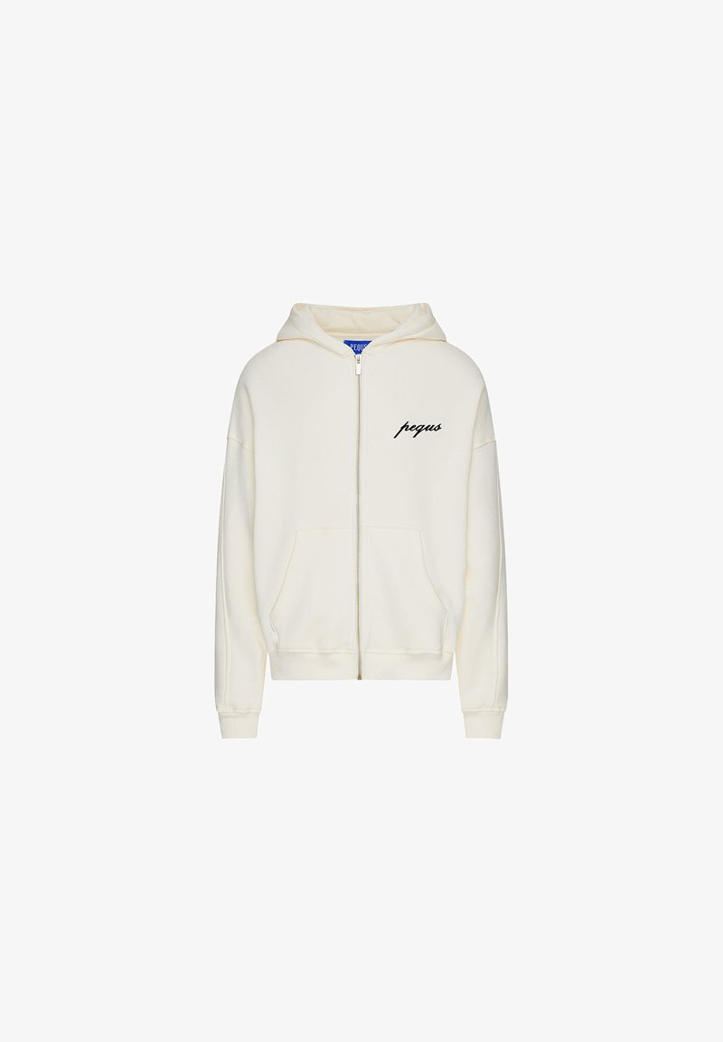 Cream hoodie with a zip front, drawstring hood, long sleeves, and front pockets. Features a black "pegus" print on the left chest.