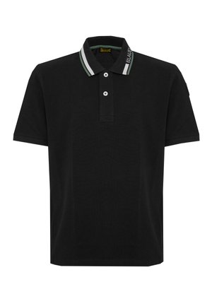 Zwarte polo met korte mouwen, twee witte knopen, gestreepte kraag in wit en groen en de tekst "BLAUER" op de rand van de kraag.