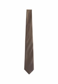 Cravate marron avec un motif géométrique subtil, fabriquée en tissu lisse. Forme étroite, pointe aigüe et texture uniforme sur l'ensemble.