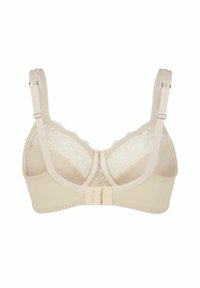 Beige kanten ondergoed bh met verstelbare bandjes en dubbele haak-en-oog sluiting aan de achterkant, getoond tegen een witte achtergrond.