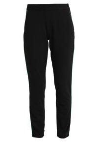 Svarta träningsbyxor med en åtsittande design, som har sidofickor och gröna detaljer längs ytterseam. Tillverkade av ett stretchigt material.