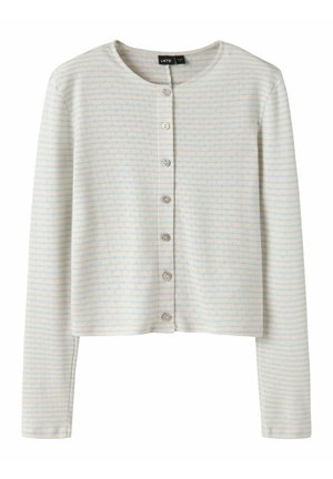 Cardigan à manches longues de couleur crème avec des rayures horizontales bleu clair et sept boutons sur le devant, étiqueté LMTD, taille petite.