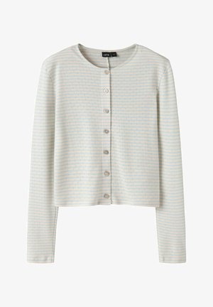 Cardigan à manches longues de couleur crème avec des rayures horizontales bleu clair et sept boutons sur le devant, étiqueté LMTD, taille petite.