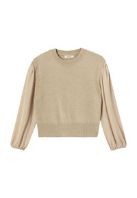 Pull-over en maille avec corps de pull court beige et manches longues en tissu doux. Encolure arrondie et ourlet côtelé. Matière texturée sur les épaules.