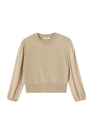 Pull-over en maille avec corps de pull court beige et manches longues en tissu doux. Encolure arrondie et ourlet côtelé. Matière texturée sur les épaules.