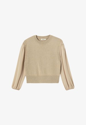 Pull-over en maille avec corps de pull court beige et manches longues en tissu doux. Encolure arrondie et ourlet côtelé. Matière texturée sur les épaules.