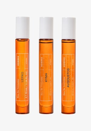 Drei orangefarbene Glasparfümroller-Flaschen mit den Aufschriften Lefko, Kyma und Avgoustos, jeweils mit weißen Kappen und Text zum Volumen von 10 ml.
