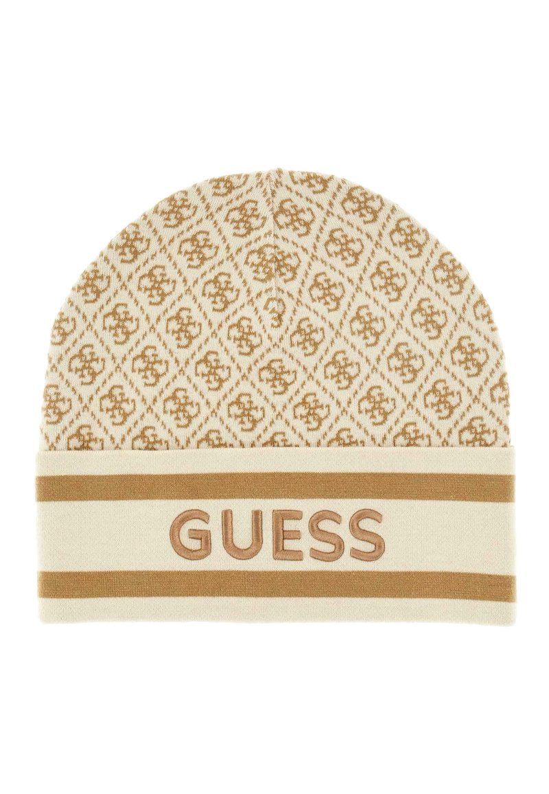 Neulepipo vaaleassa kermanvärissä ruskealla geometrisella kuvioinnilla; varustettu leveällä, raidallisella vyöllä, johon on brodattu "GUESS" saman sävyisellä ruskealla.