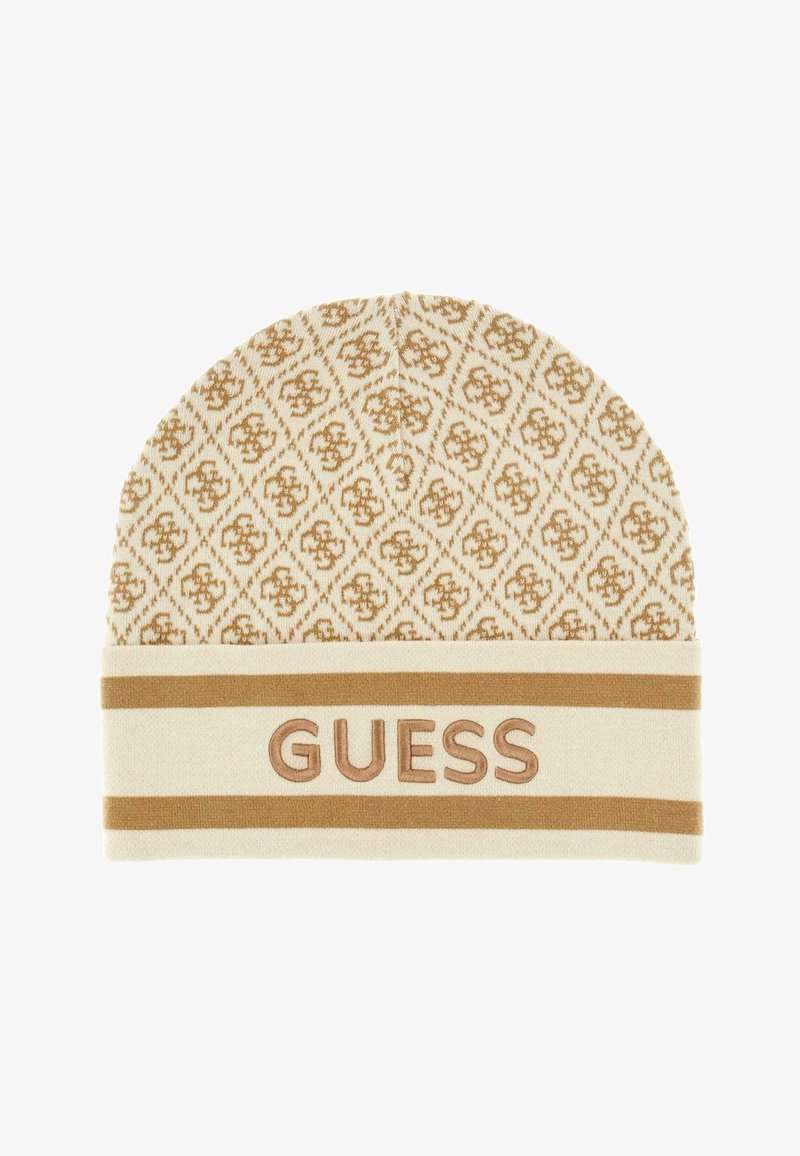 Adīts vāciņš gaiši krēmkrāsā ar brūnu ģeometrisku rakstu; ar plašu svītrainu joslu, kurā ir izšūts "GUESS" atbilstošā brūnā krāsā.