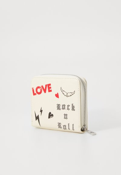 Valkoinen keinonahkainen lompakko, jossa on punaisia ja mustia graafisia kuvastoja. Ominaisuuksina "LOVE", "Rock n Roll", salaman iskuja ja sydämiä. Vetoketjulla suljettavissa.