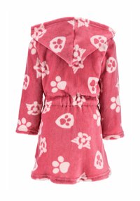 Pink fleece children's robe with hood, elastic waist, and white paw print and floral patterns on fabric.