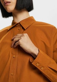 Camisa de botones color óxido con cuello y mangas largas. La tela es suave con una textura sutil. Presenta dos botones en el puño.